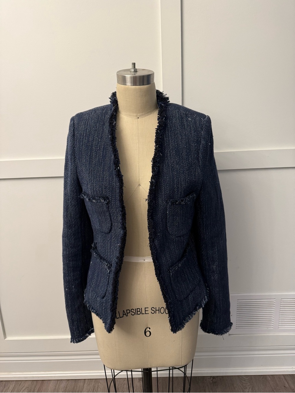 L'AGENCE Navy Tweed Fringe Open Blazer